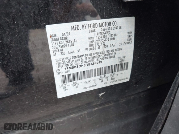 2024 Ford Explorer XLT с VIN 1FMSK8DH6RGA89249, выставлен на аукционе IAAI как лот 42387757 с пробегом 18 066 миль миль и . История ставок и продаж доступна на DreamBid. Изображение 9.