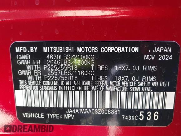 2025 Mitsubishi Eclipse Cross SE z VIN JA4ATWAA0SZ006881, wystawiony jako IAAI lot #42058073 z przebiegiem 2 418 mil mil oraz . Historia ofert i sprzedaży dostępna na DreamBid. Obrazek 9.