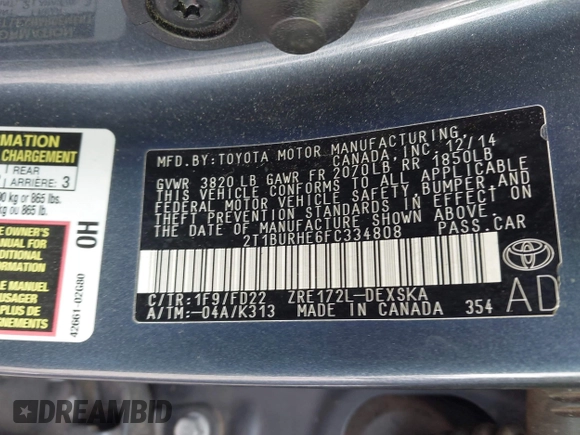 2015 Toyota Corolla L с VIN 2T1BURHE6FC334808, выставлен на аукционе IAAI как лот 42259058 с пробегом Не указан миль и . История ставок и продаж доступна на DreamBid. Изображение 9.