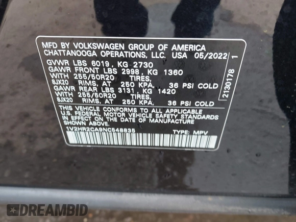 2022 Volkswagen Atlas 3.6L V6 SE w/Technology with VIN 1V2HR2CA9NC548835, listed as a IAAI auction lot 41532251 with 22,354 mi miles. Bid and sale history available at carsss.com. Image 9.