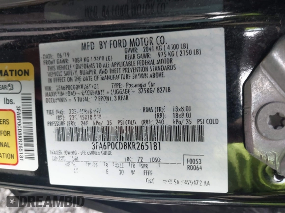 2019 Ford Fusion SEL with VIN 3FA6P0CD8KR265181, listed as a IAAI auction lot 41942425 with 66,228 mi miles and . Bid and sale history available at DreamBid. Image 9.