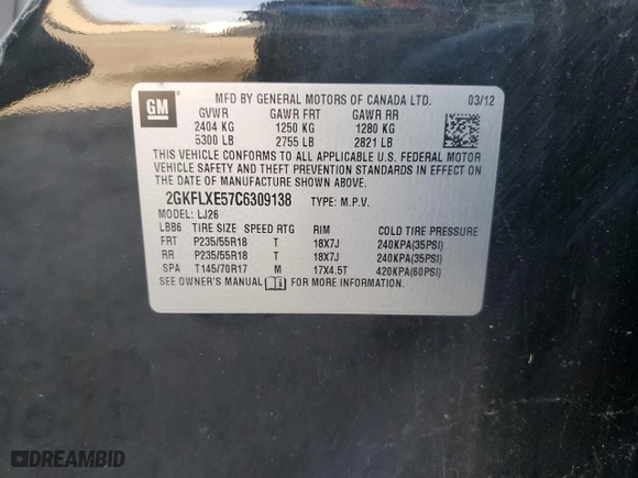 2012 GMC Terrain SLT-2 with VIN 2GKFLXE57C6309138, listed as a Copart auction lot 54152785 with 134,871 mi miles and Salvage Title. Bid and sale history available at carsss.com. Image 13.