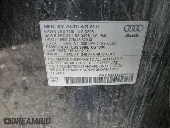2012 Audi Q7 3.0L TDI Premium Plus with VIN WA1LMAFE5CD002473, listed as a Copart auction lot 89342115 with 0 mi miles and Salvage Title. Bid and sale history available at carsss.com. Image 13.