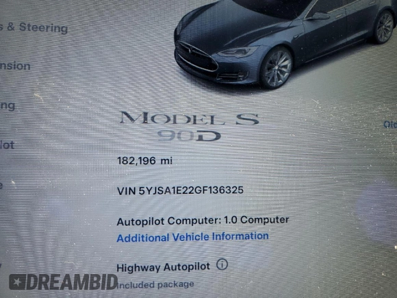 2016 Tesla Model S 90D z VIN 5YJSA1E22GF136325, wystawiony jako Copart lot #65238105 z przebiegiem 182 196 mil mil oraz Szkoda całkowita • Salvage title. Historia ofert i sprzedaży dostępna na DreamBid. Obrazek 9.