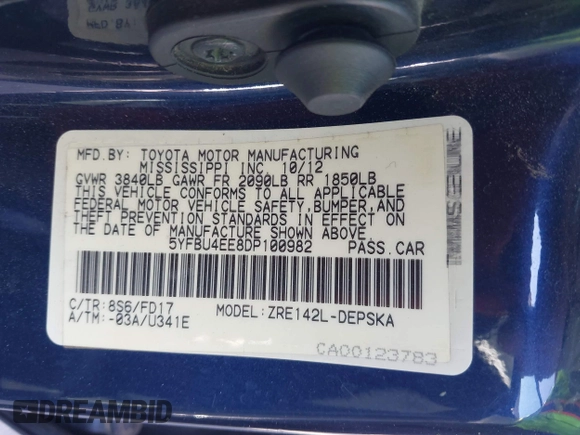 2013 Toyota Corolla L with VIN 5YFBU4EE8DP100982, listed as a IAAI auction lot 42139527 with 220,295 mi miles and . Bid and sale history available at DreamBid. Image 9.