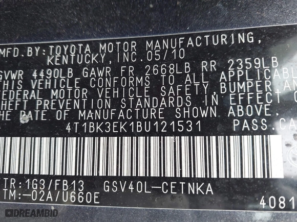2011 Toyota Camry LE with VIN 4T1BK3EK1BU121531, listed as a IAAI auction lot 42053963 with 120,245 mi miles. Bid and sale history available at carsss.com. Image 9.