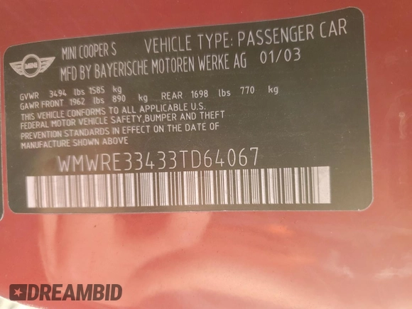 2003 MINI Hardtop S with VIN WMWRE33433TD64067, listed as a Copart auction lot 42572405 with 182,294 mi miles and Salvage Title. Bid and sale history available at DreamBid. Image 12.
