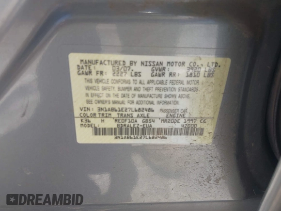 2007 Nissan Sentra 2.0 with VIN 3N1AB61E27L682486, listed as a IAAI auction lot 42304267 with 201,676 mi miles and . Bid and sale history available at DreamBid. Image 9.