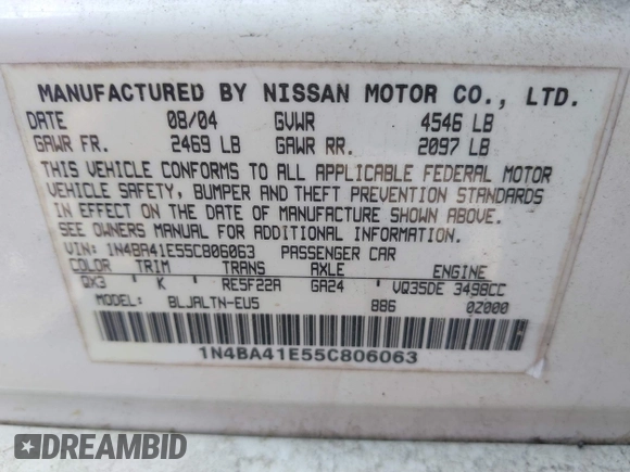 2005 Nissan Maxima SE with VIN 1N4BA41E55C806063, listed as a IAAI auction lot 41888711 with 104,040 mi miles and . Bid and sale history available at DreamBid. Image 9.