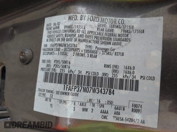 2007 Ford Focus S z VIN 1FAFP37N07W343784, wystawiony jako IAAI lot #42036642 z przebiegiem 223 104 mil mil oraz . Historia ofert i sprzedaży dostępna na DreamBid. Obrazek 9.