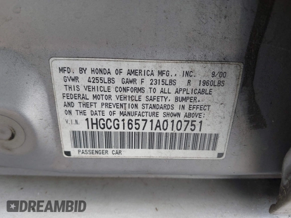 2001 Honda Accord EX z VIN 1HGCG16571A010751, wystawiony jako IAAI lot #42074284 z przebiegiem 281 526 mil mil oraz . Historia ofert i sprzedaży dostępna na DreamBid. Obrazek 9.