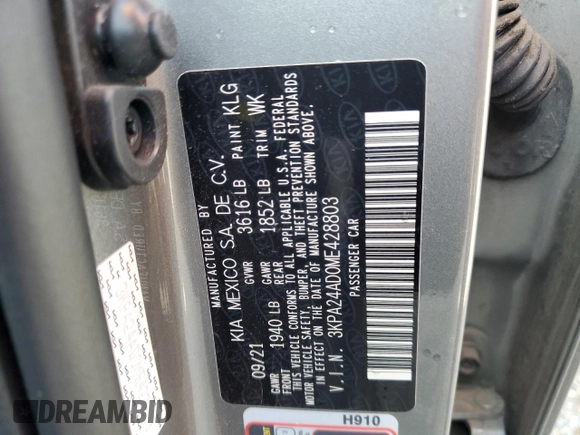 2021 Kia Rio LX with VIN 3KPA24AD0ME428803, listed as a Copart auction lot 49129705 with 37,727 mi miles and Salvage Title. Bid and sale history available at carsss.com. Image 12.