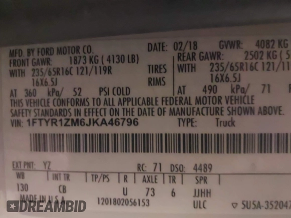 2018 Ford Transit с VIN 1FTYR1ZM6JKA46796, выставлен на аукционе IAAI как лот 42178567 с пробегом 61 821 миль миль и . История ставок и продаж доступна на DreamBid. Изображение 9.
