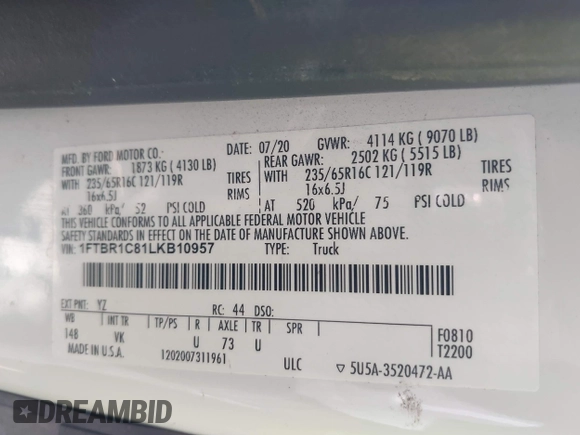 2020 Ford Transit Cargo with VIN 1FTBR1C81LKB10957, listed as a IAAI auction lot 41830210 with 86,006 mi miles and . Bid and sale history available at DreamBid. Image 9.