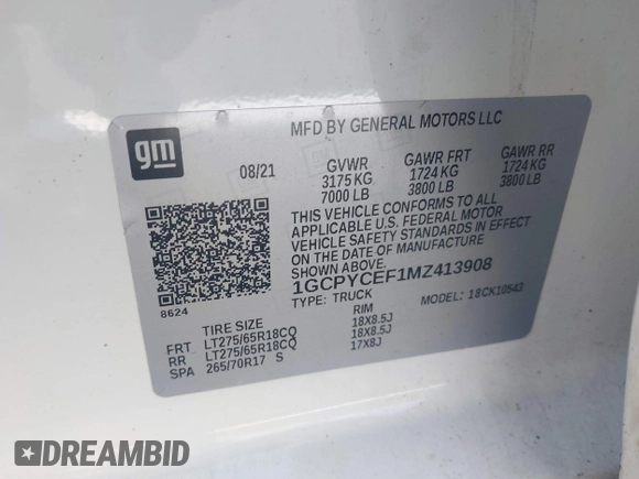 2021 Chevrolet Silverado 1500 Custom Trail Boss with VIN 1GCPYCEF1MZ413908, listed as a IAAI auction lot 41891660 with 88,335 mi miles and . Bid and sale history available at DreamBid. Image 9.