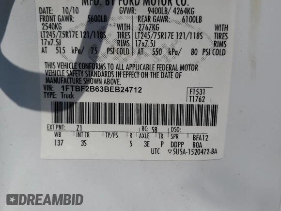 2011 Ford F-250 XL with VIN 1FTBF2B63BEB24712, listed as a Copart auction lot 65013145 with 176,681 mi miles and Salvage title. Bid and sale history available at DreamBid. Image 13.