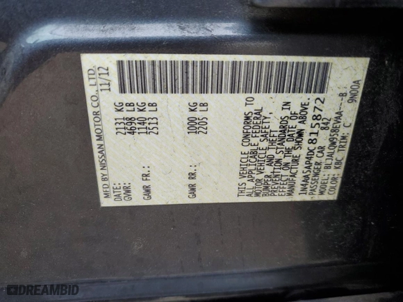 2013 Nissan Maxima 3.5 S with VIN 1N4AA5AP4DC815872, listed as a Copart auction lot 46594755 with 202,045 mi miles and Salvage Title. Bid and sale history available at carsss.com. Image 13.