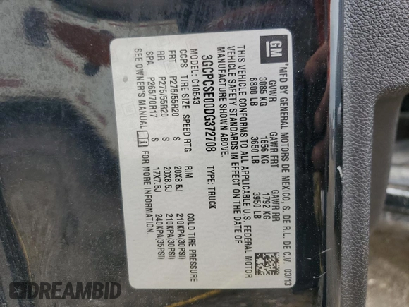 2013 Chevrolet Silverado 1500 LT with VIN 3GCPCSE00DG372708, listed as a Copart auction lot 51591465 with 210,934 mi miles and Salvage Title. Bid and sale history available at DreamBid. Image 12.