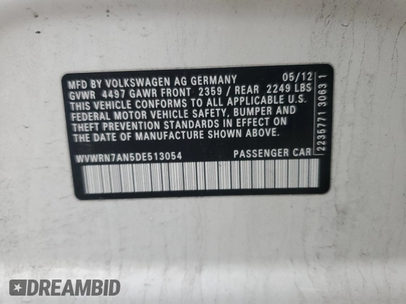 2013 Volkswagen CC Lux с VIN WVWRN7AN5DE513054, выставлен на аукционе Copart как лот 50998605 с пробегом 107 106 миль миль и Списание • Salvage title. История ставок и продаж доступна на DreamBid. Изображение 14.