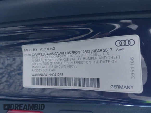 2017 Audi A4 Season of Audi Premium with VIN WAUDNAF41HN041235, listed as a IAAI auction lot 41136289 with 46,754 mi miles. Bid and sale history available at carsss.com. Image 9.