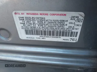 2015 Mitsubishi Outlander GT with VIN JA4JZ4AX1FZ005879, listed as a IAAI auction lot 41701299 with 212,805 mi miles and . Bid and sale history available at DreamBid. Image 9.