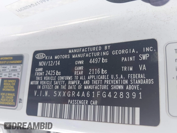 2015 Kia Optima SXL Turbo with VIN 5XXGR4A61FG428391, listed as a IAAI auction lot 41869452 with 63,130 mi miles and . Bid and sale history available at DreamBid. Image 9.