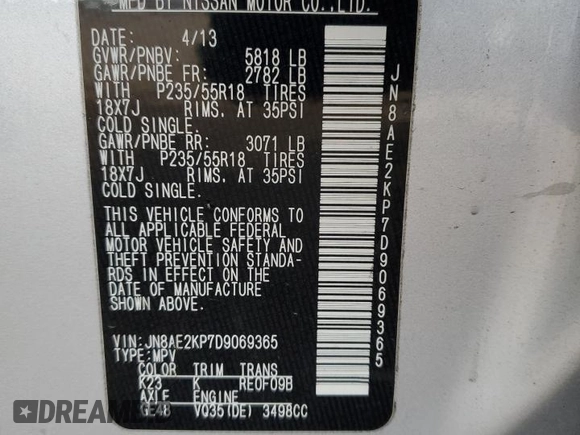 2013 Nissan Quest LE with VIN JN8AE2KP7D9069365, listed as a Copart auction lot 89340765 with 209,237 mi miles and Salvage Title. Bid and sale history available at carsss.com. Image 13.