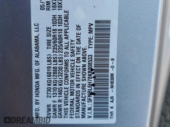 2019 Honda Odyssey EX-L z VIN 5FNRL6H78KB008533, wystawiony jako Copart lot #74846774 z przebiegiem 51 536 mil mil oraz Szkoda całkowita • Salvage title. Historia ofert i sprzedaży dostępna na DreamBid. Obrazek 13.