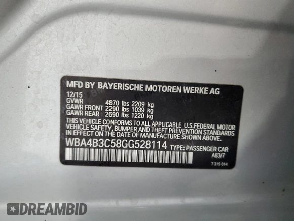 2016 BMW 4 Series 435i xDrive с VIN WBA4B3C58GG528114, выставлен на аукционе Copart как лот 69982874 с пробегом 98 961 миль миль и Списание • Salvage title. История ставок и продаж доступна на DreamBid. Изображение 12.