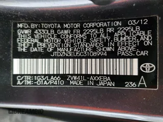 2012 Toyota Prius Two with VIN JTDZN3EU5C3108994, listed as a Copart auction lot 41697685 with 108,291 mi miles and Salvage Title. Bid and sale history available at DreamBid. Image 12.