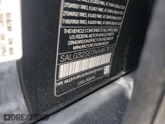 2022 Land Rover Range Rover Westminster with VIN SALGS2SE0NA467815, listed as a Copart auction lot 62197595 with 17,094 mi miles and Salvage title. Bid and sale history available at DreamBid. Image 14.