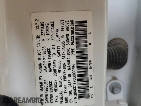2014 Acura RLX Advance with VIN JH4KC1F90EC000564, listed as a Copart auction lot 59930075 with 190,933 mi miles and Salvage title. Bid and sale history available at DreamBid. Image 12.