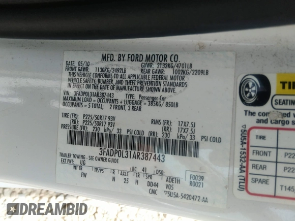 2010 Ford Fusion Hybrid z VIN 3FADP0L31AR387443, wystawiony jako IAAI lot #40034145 z przebiegiem 153 847 mil mil oraz . Historia ofert i sprzedaży dostępna na DreamBid. Obrazek 9.