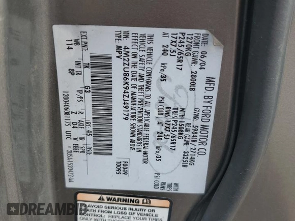 2004 Mercury Mountaineer Convenience z VIN 4M2ZU86K94ZJ49179, wystawiony jako Copart lot #50139334 z przebiegiem Nie podano mil oraz Szkoda całkowita • Salvage title. Historia ofert i sprzedaży dostępna na DreamBid. Obrazek 12.