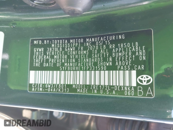 2015 Toyota Corolla L z VIN 5YFBURHE1FP331590, wystawiony jako IAAI lot #41827268 z przebiegiem 82 457 mil mil oraz . Historia ofert i sprzedaży dostępna na DreamBid. Obrazek 9.