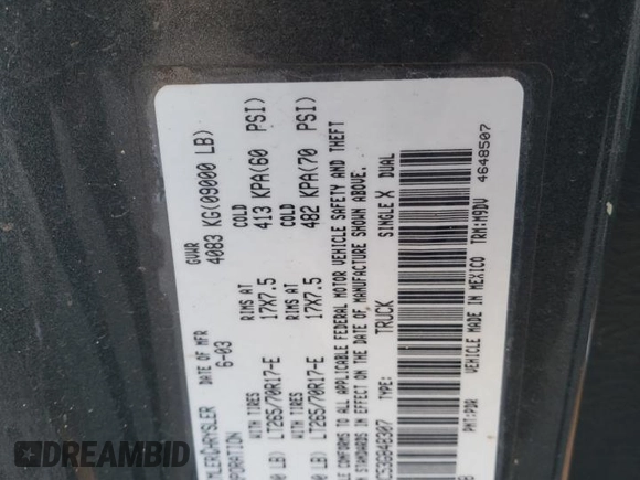 2003 Dodge 2500 ST with VIN 3D7KU28C53G848307, listed as a Copart auction lot 48415225 with Not Provided miles and Salvage Title. Bid and sale history available at DreamBid. Image 15.
