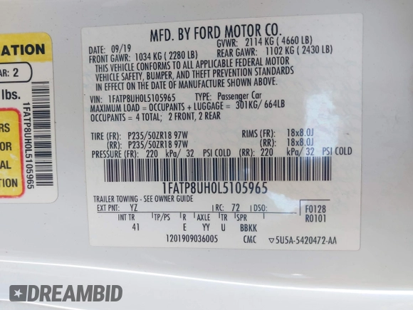 2020 Ford Mustang EcoBoost z VIN 1FATP8UH0L5105965, wystawiony jako IAAI lot #42475841 z przebiegiem 68 999 mil mil oraz . Historia ofert i sprzedaży dostępna na DreamBid. Obrazek 9.