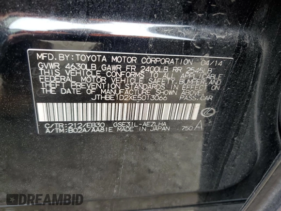 2014 Lexus IS 350 with VIN JTHBE1D2XE5013066, listed as a Copart auction lot 59711195 with 67,179 mi miles and Salvage title. Bid and sale history available at DreamBid. Image 12.