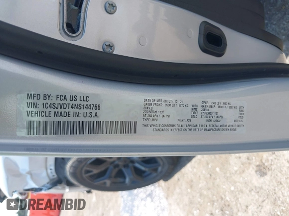2022 Jeep Wagoneer Series III with VIN 1C4SJVDT4NS144766, listed as a IAAI auction lot 42013510 with 18,954 mi miles and . Bid and sale history available at DreamBid. Image 9.