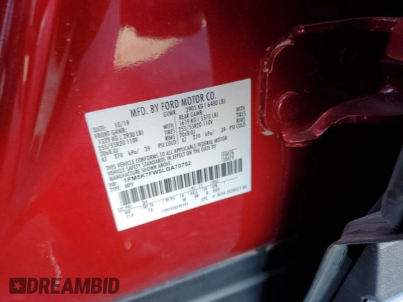 2020 Ford Explorer Limited with VIN 1FM5K7FW5LGA70752, listed as a Copart auction lot 79573684 with 68,316 mi miles and Clean Title. Bid and sale history available at DreamBid. Image 13.
