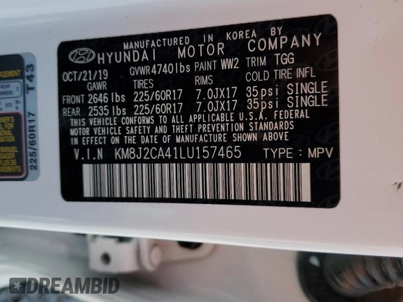 2020 Hyundai Tucson SE z VIN KM8J2CA41LU157465, wystawiony jako Copart lot #54726895 z przebiegiem 59 595 mil mil oraz Szkoda całkowita • Salvage title. Historia ofert i sprzedaży dostępna na DreamBid. Obrazek 13.