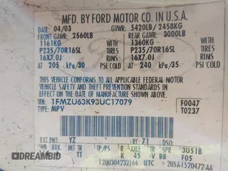 2003 Ford Explorer XLT with VIN 1FMZU63K93UC17079, listed as a IAAI auction lot 42301417 with 137,632 mi miles and . Bid and sale history available at DreamBid. Image 9.