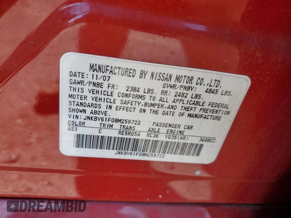 2008 Infiniti G35 x with VIN JNKBV61F08M259722, listed as a Copart auction lot 75865324 with 171,454 mi miles and Salvage Title. Bid and sale history available at DreamBid. Image 12.