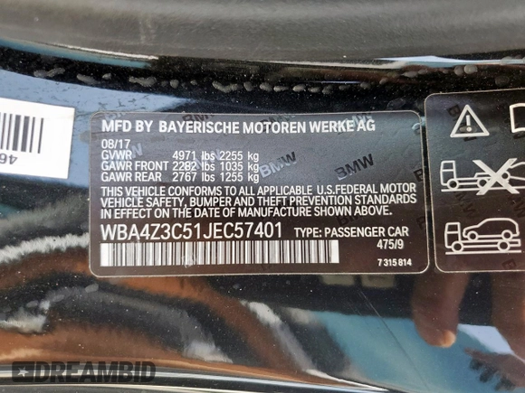 2018 BMW 4 Series 430i xDrive with VIN WBA4Z3C51JEC57401, listed as a Copart auction lot 50657915 with 26,314 mi miles and Salvage Title. Bid and sale history available at DreamBid. Image 12.