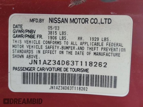 2003 Nissan 350Z Performance z VIN JN1AZ34D63T118262, wystawiony jako Copart lot #59956315 z przebiegiem Nie podano mil oraz Czysty tytuł • Clean title. Historia ofert i sprzedaży dostępna na DreamBid. Obrazek 12.