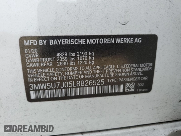 2020 BMW 3 Series M340i with VIN 3MW5U7J05L8B26525, listed as a Copart auction lot 84528894 with 26,380 mi miles and Salvage Title. Bid and sale history available at carsss.com. Image 14.