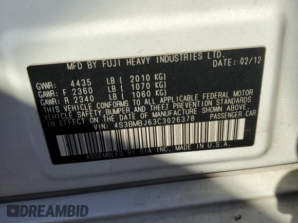 2012 Subaru Legacy Limited z VIN 4S3BMBJ63C3026378, wystawiony jako Copart lot #72647964 z przebiegiem 165 887 mil mil oraz Szkoda całkowita • Salvage title. Historia ofert i sprzedaży dostępna na DreamBid. Obrazek 12.