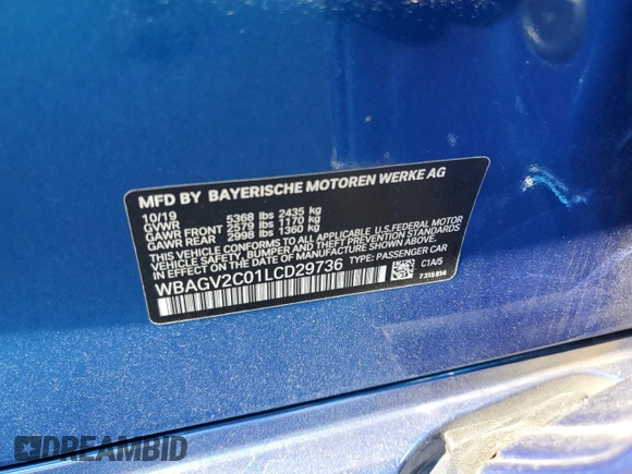 2020 BMW 8 Series 840i with VIN WBAGV2C01LCD29736, listed as a Copart auction lot 57632994 with 36,157 mi miles and Salvage Title. Bid and sale history available at DreamBid. Image 12.