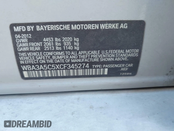 2012 BMW 3 Series 328i with VIN WBA3A5C5XCF345274, listed as a IAAI auction lot 41812072 with 142,024 mi miles. Bid and sale history available at carsss.com. Image 9.