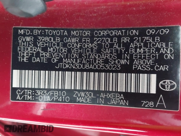 2010 Toyota Prius II with VIN JTDKN3DU8A0053023, listed as a IAAI auction lot 42077954 with 153,657 mi miles. Bid and sale history available at carsss.com. Image 9.